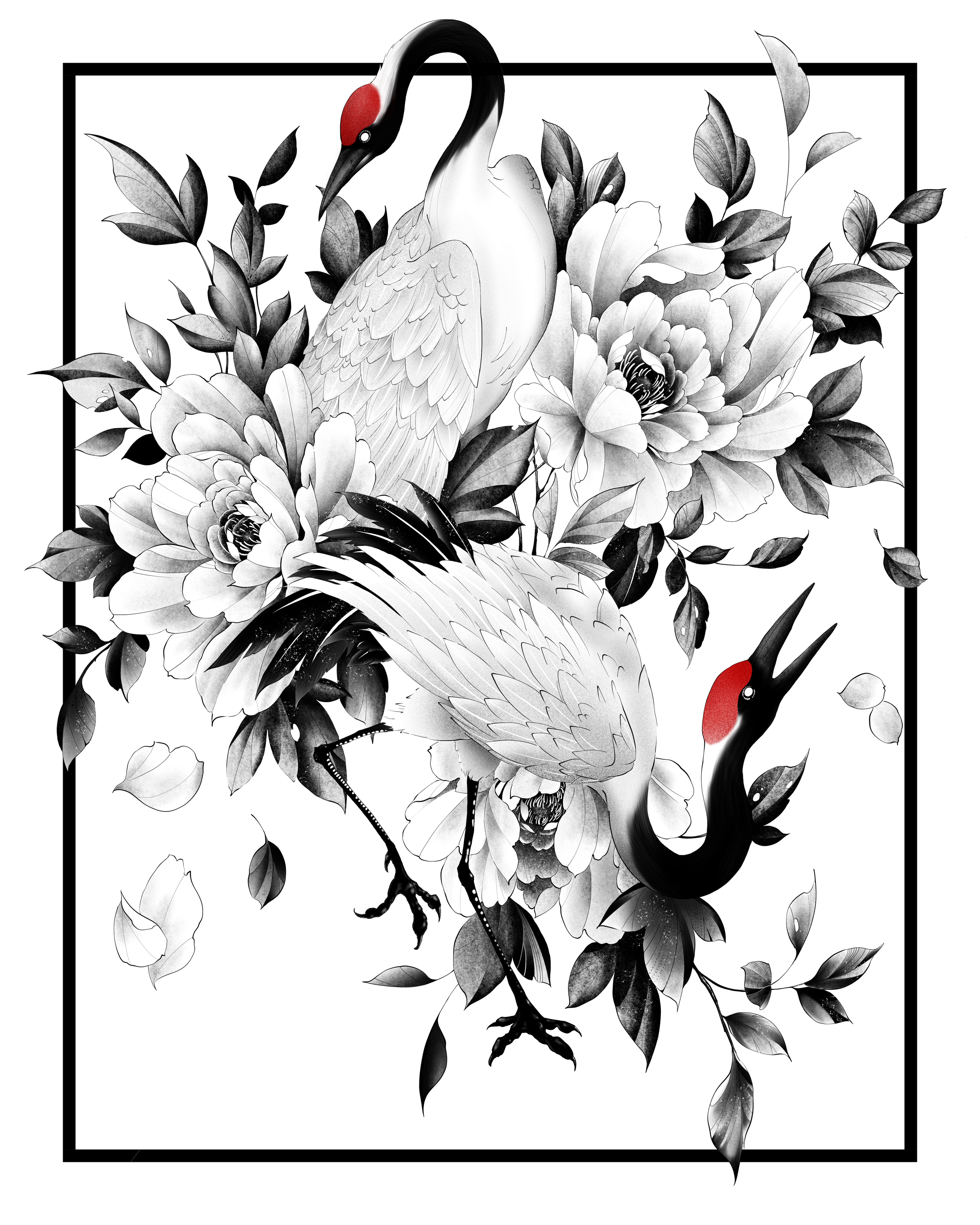 cranes and peonies
