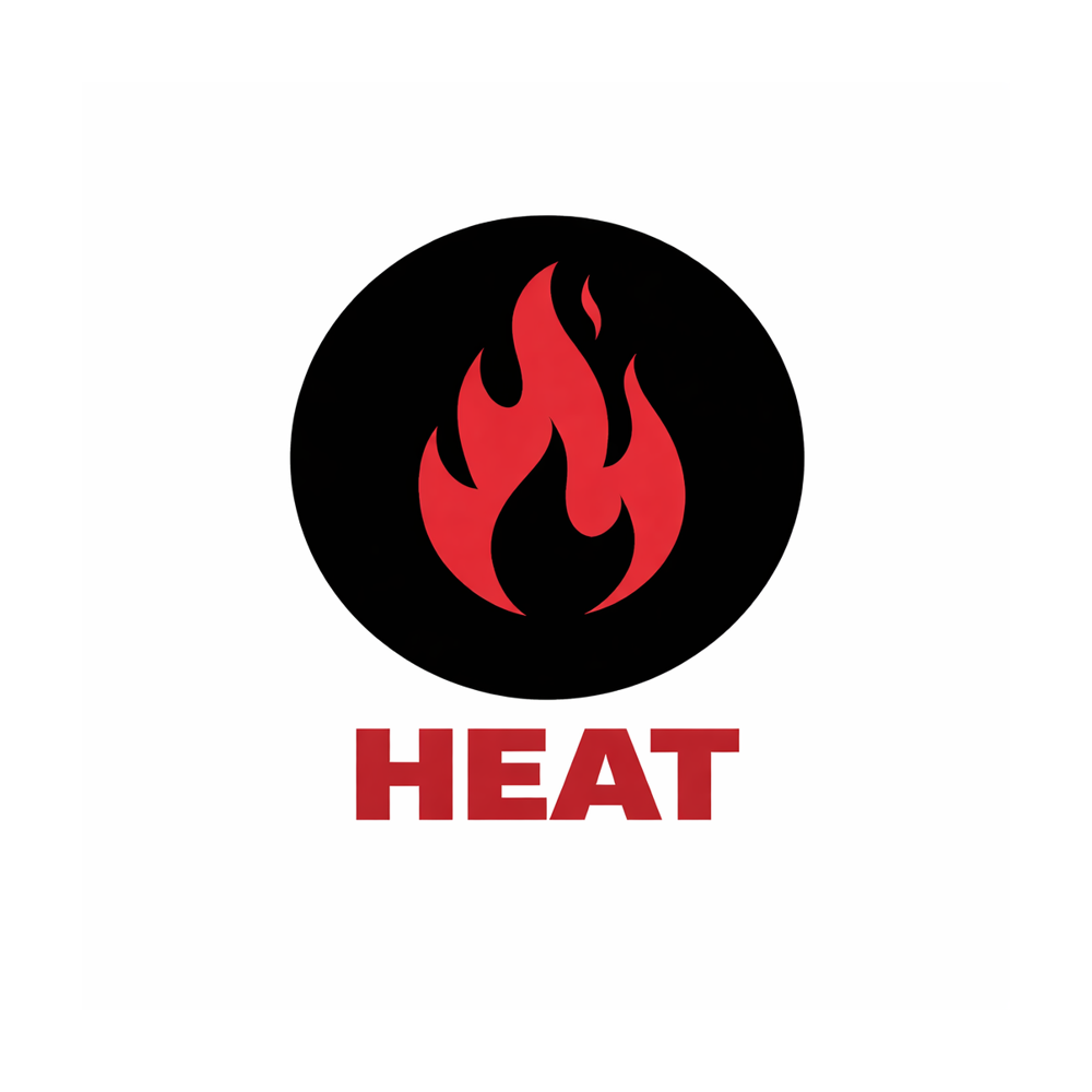 Red flame icon inside a black circle with the word 'HEAT' in bold red letters below.