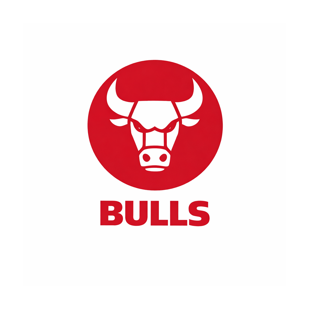 A graphic logo of a bull's head inside a red circle with the word "BULLS" written below in red capital letters.