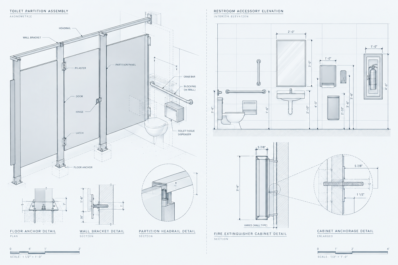 Technical blueprint of a restroom with details of a toilet partition assembly, restroom accessory elevation, fire extinguisher cabinet, and cabinet anchorage.