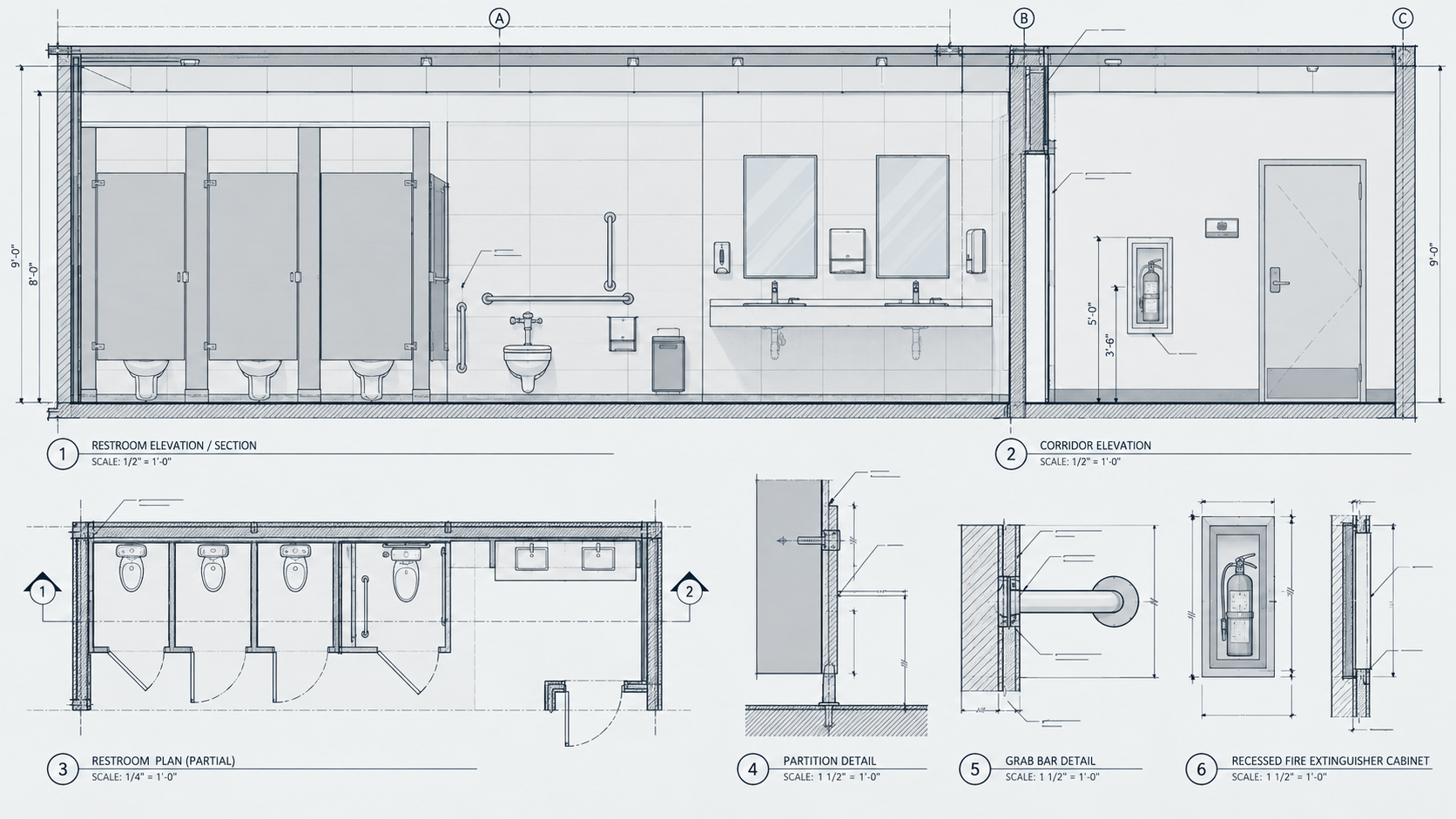 Architectural blueprint of a public restroom with detailed views of elevations, sections, plan, partition, grab bar, and fire extinguisher cabinet.