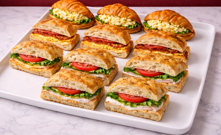 Assorted handheld sandwiches and croissants on a white platter