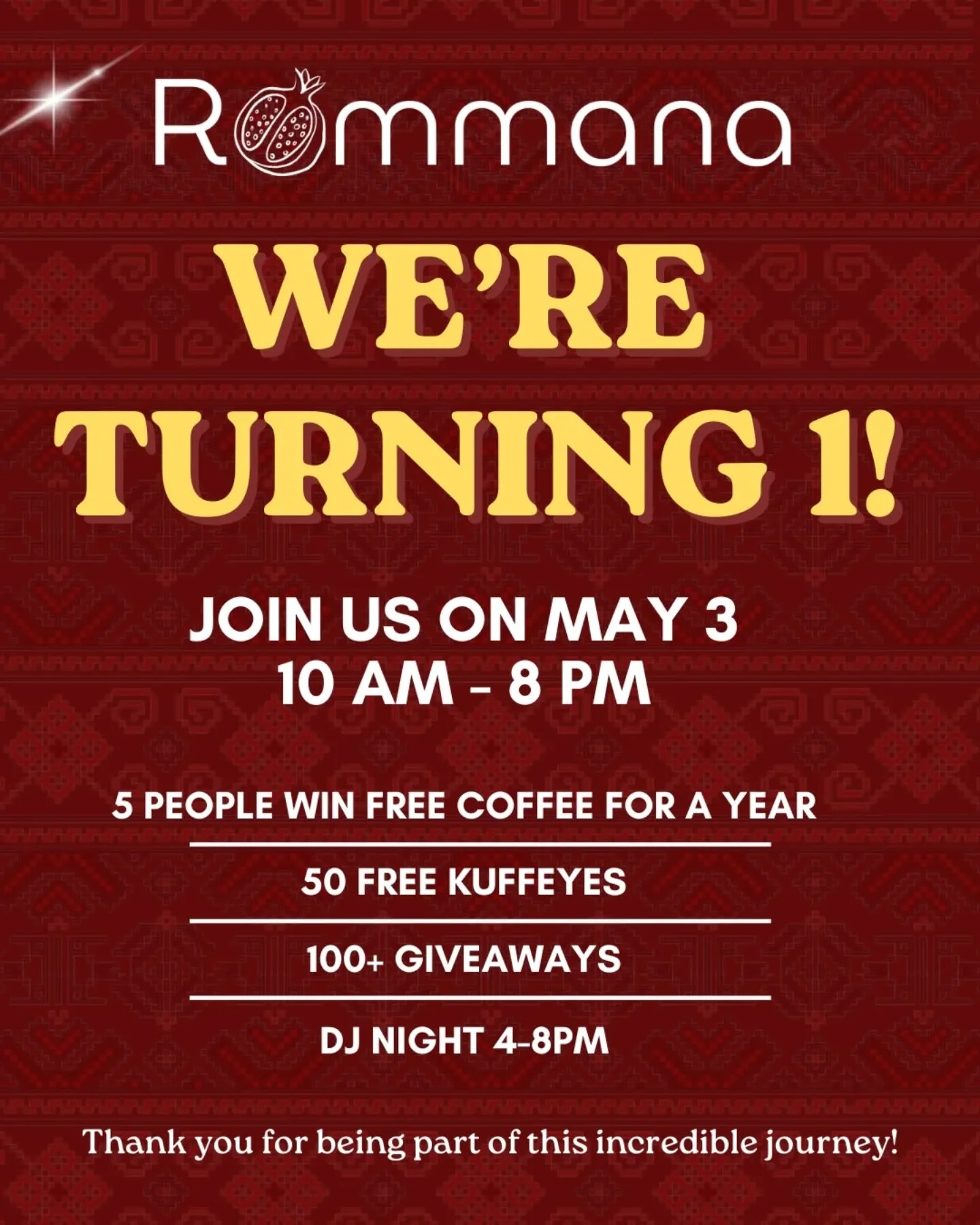 KW &mdash; we&rsquo;re turning ONE 🎉
One year of Rommana. One night to celebrate.

☕ 5 people win FREE coffee for a year
🧣 50 FREE kuffiyehs
🎧 DJ night + late vibes

Pull up with your people. This one&rsquo;s for the community.

📍 Rommana Caf&eac