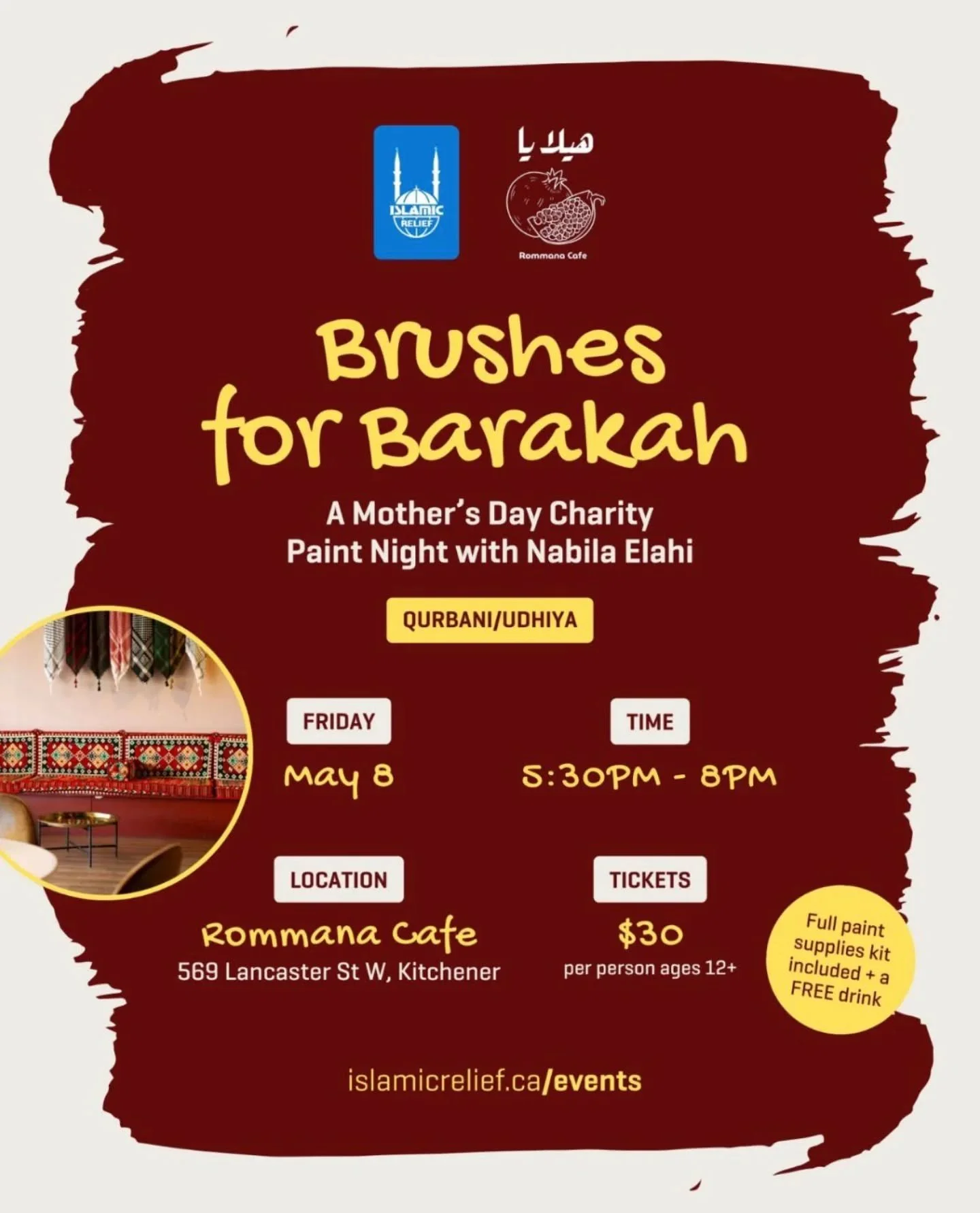Join us for Brushes for Barakah &mdash; a cozy, feel-good paint night in support of Qurbani/Udhiya. Whether you come with your mom, your friends, or just yourself, it&rsquo;s an evening of creativity, community, and giving back.

🗓 Friday, May 8
⏰ 5