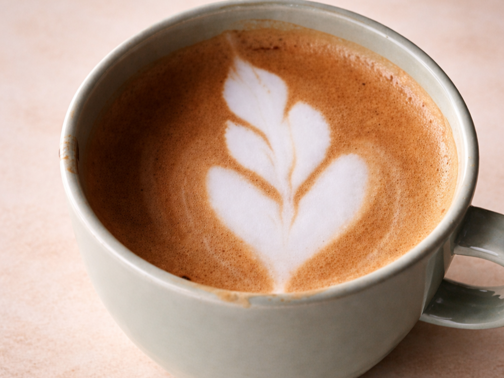 A cup of latte with a leaf-shaped foam art on top.