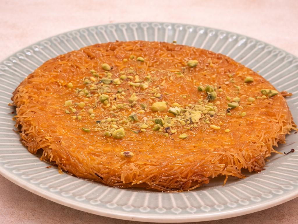 A serving of crispy kunafah topped with chopped pistachios on a decorative white plate.