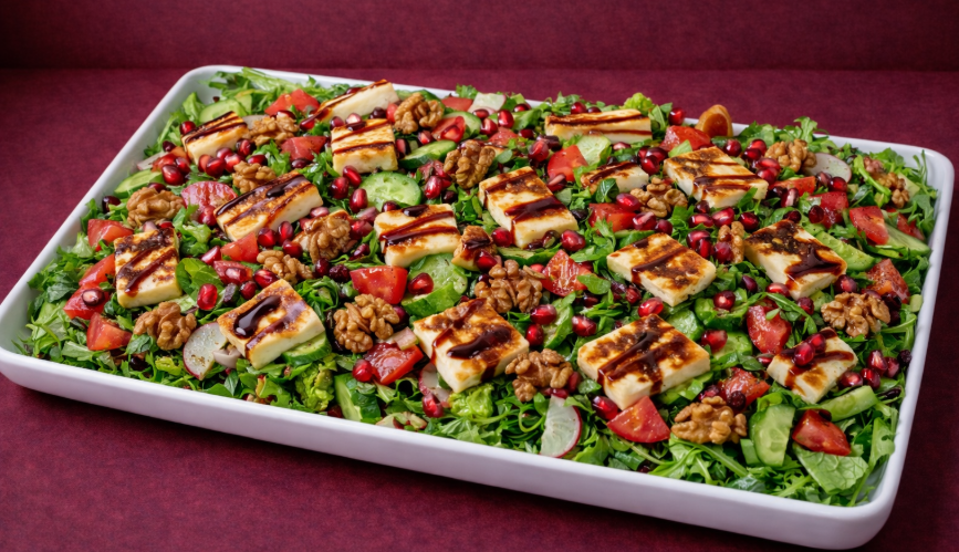 Fresh vegetable salad with grilled Halloumi cheese and pomegranate seeds on a white platter.