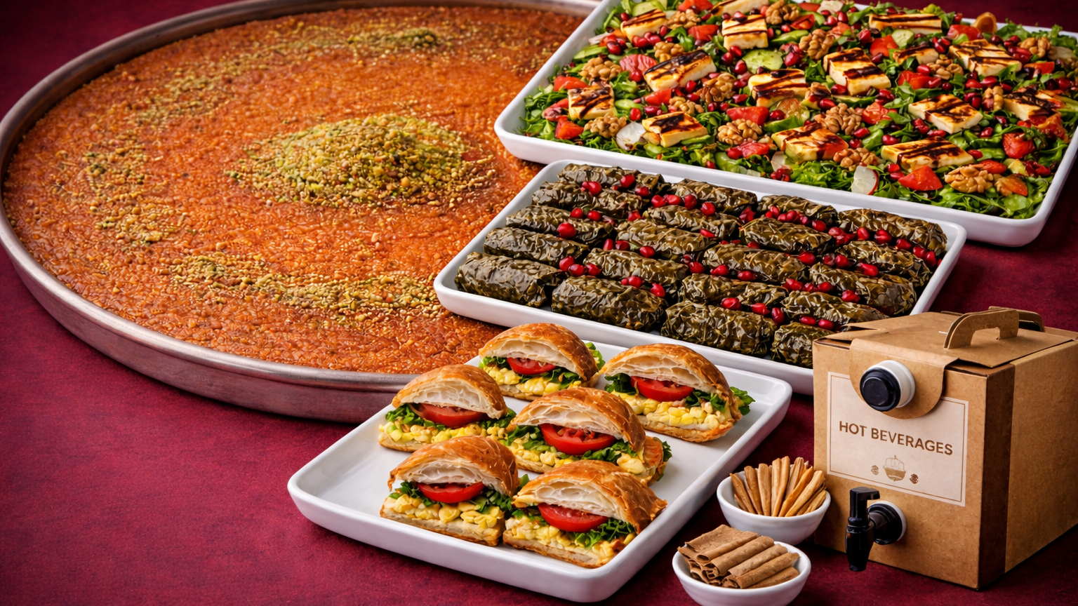 A spread of various Middle Eastern food dishes including a large tray of kunafa, a salad with grilled halloumi, stuffed grape leaves garnished with pomegranate seeds, and a tray of sandwiches with a hot beverages dispenser