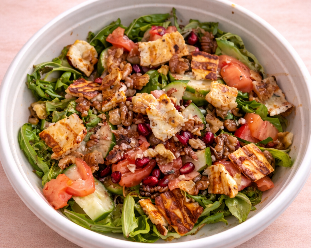 Mixed salad with greens, tomatoes, cucumbers, grilled cheese, pomegranate seeds, walnuts in a white bowl.