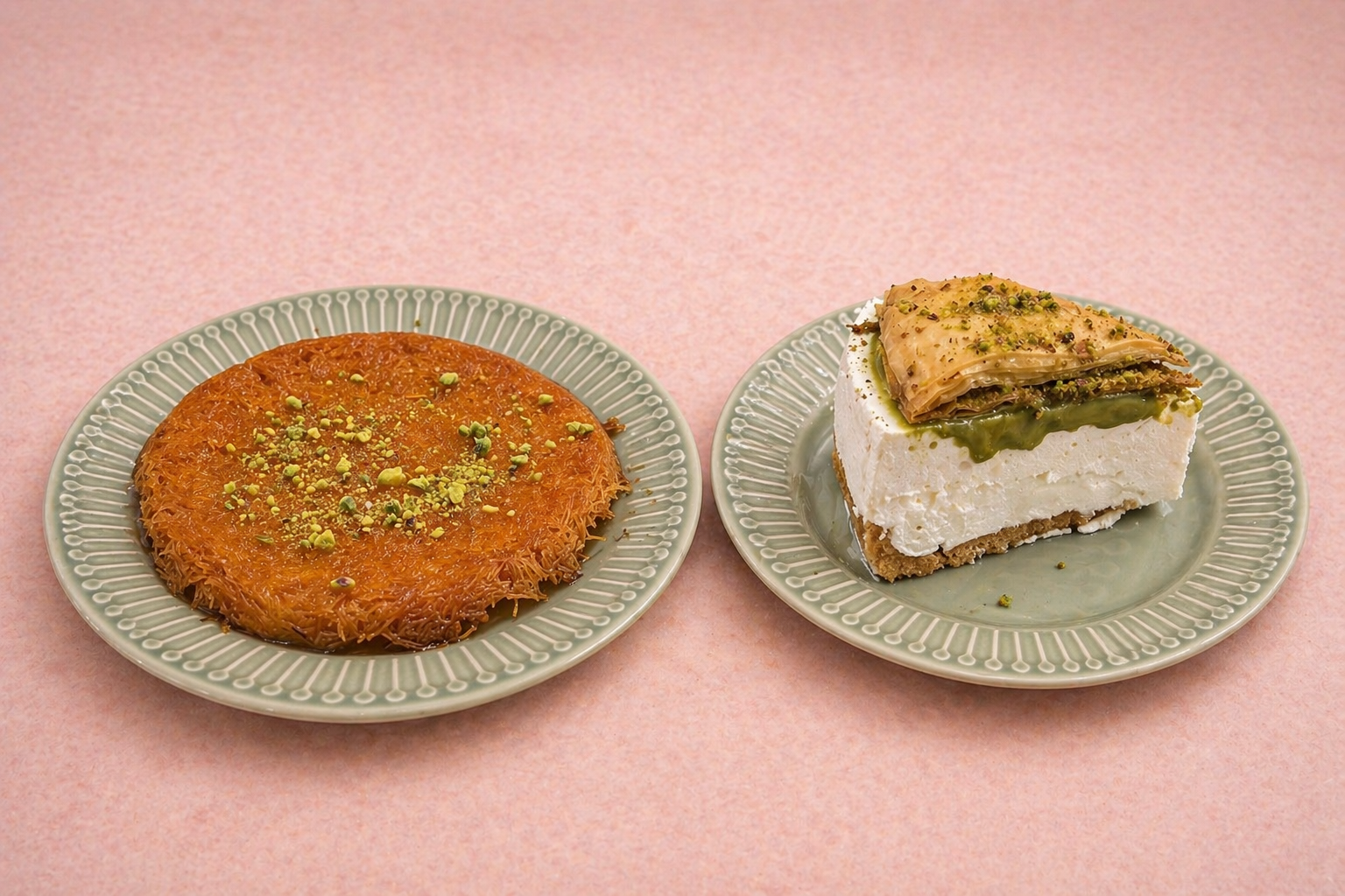 Two plates, one with Kunafa topped with chopped pistachios, and the other with a slice of cheesecake topped with layers of phyllo dough and pistachios.