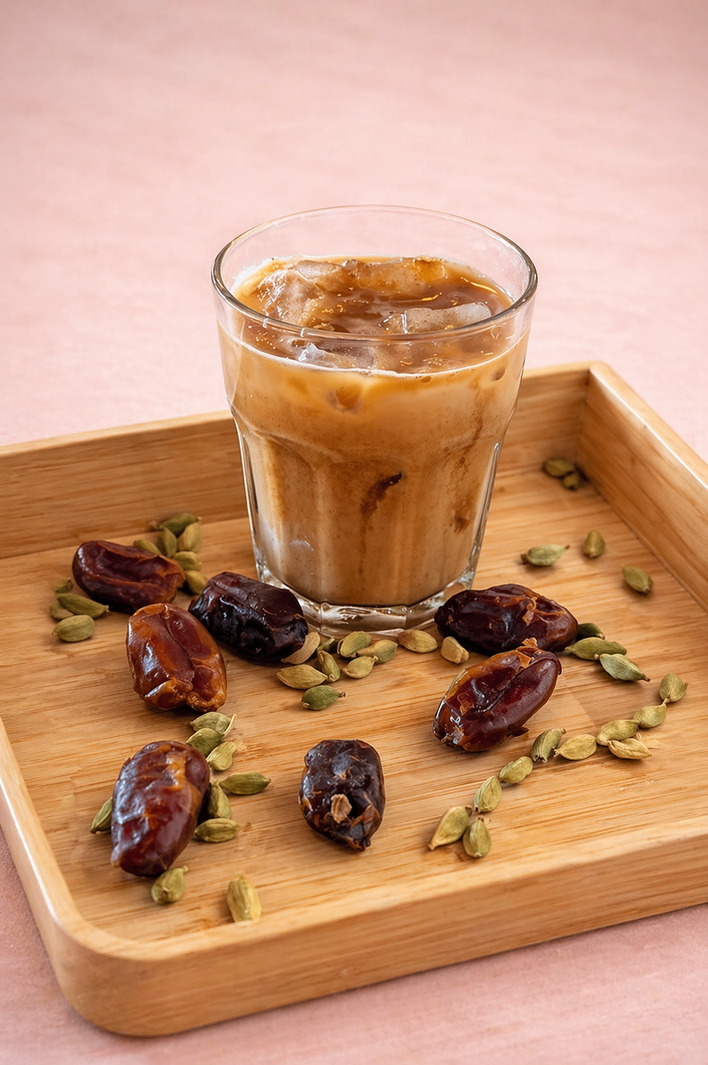 A glass of iced coffee with cream on a wooden tray, surrounded by green cardamom pods and dried Dates.
