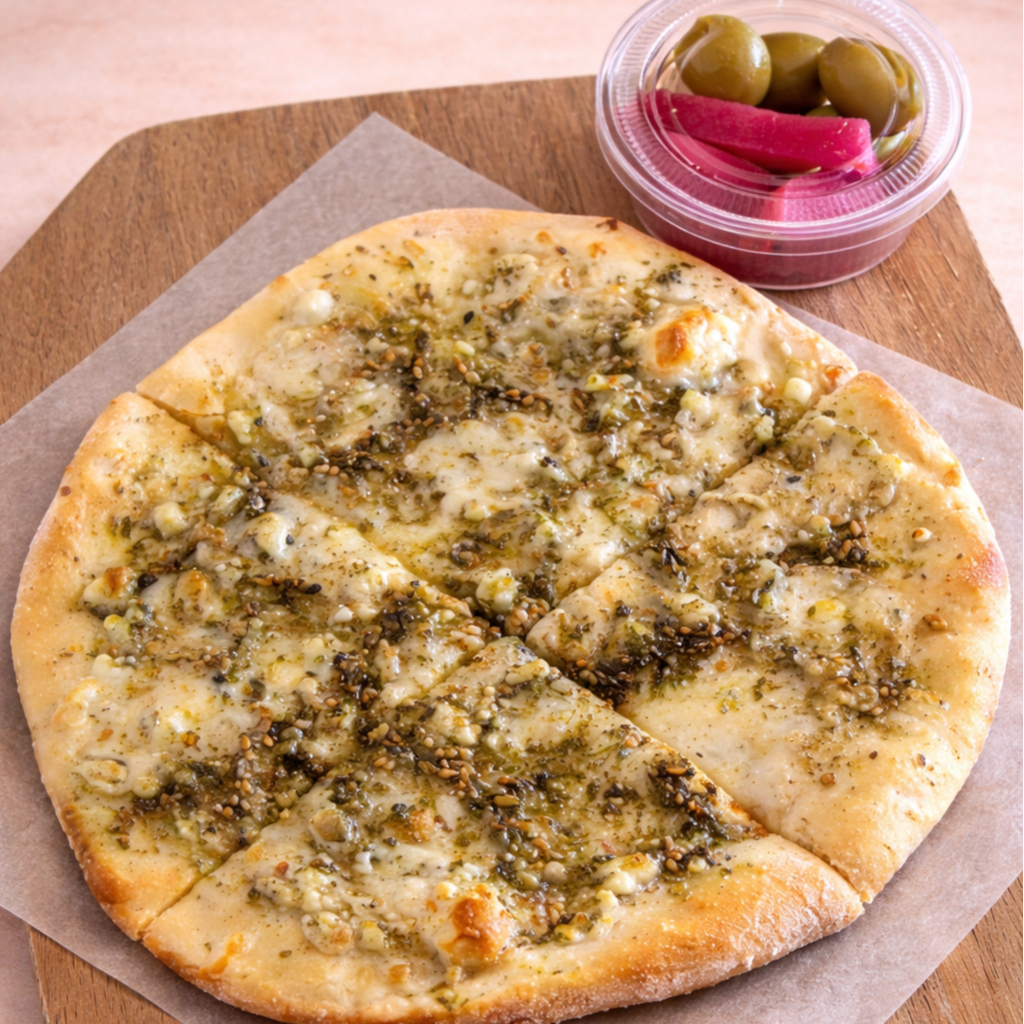 Cheese pizza with green zaatar, cut into slices, on parchment paper with a side of green olives and pickled vegetables in a plastic container.