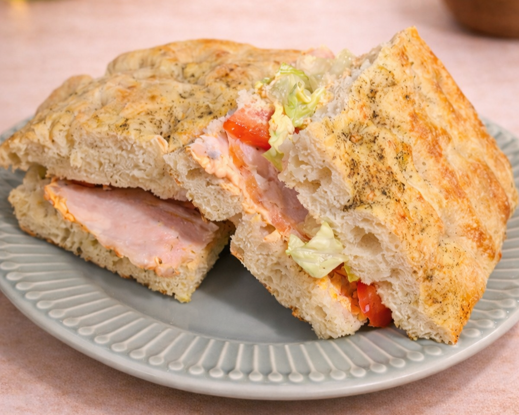 A serving of sandwich with chicken deli, lettuce, and tomato on a gray plate.