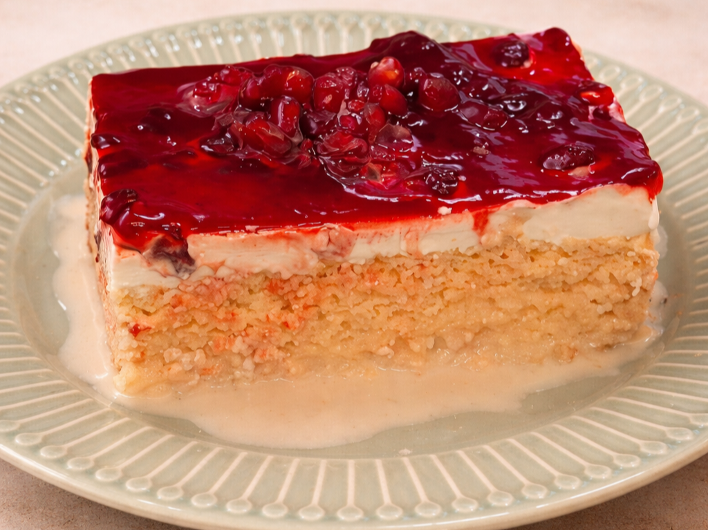 Slice of cherry and cream layered dessert on a decorative plate.
