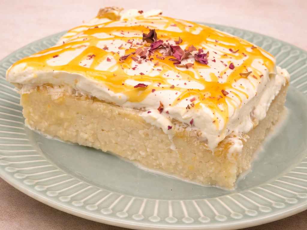 A slice of milk cake topped with rich cream, mango drizzle, and purple flower petals on a light blue plate.