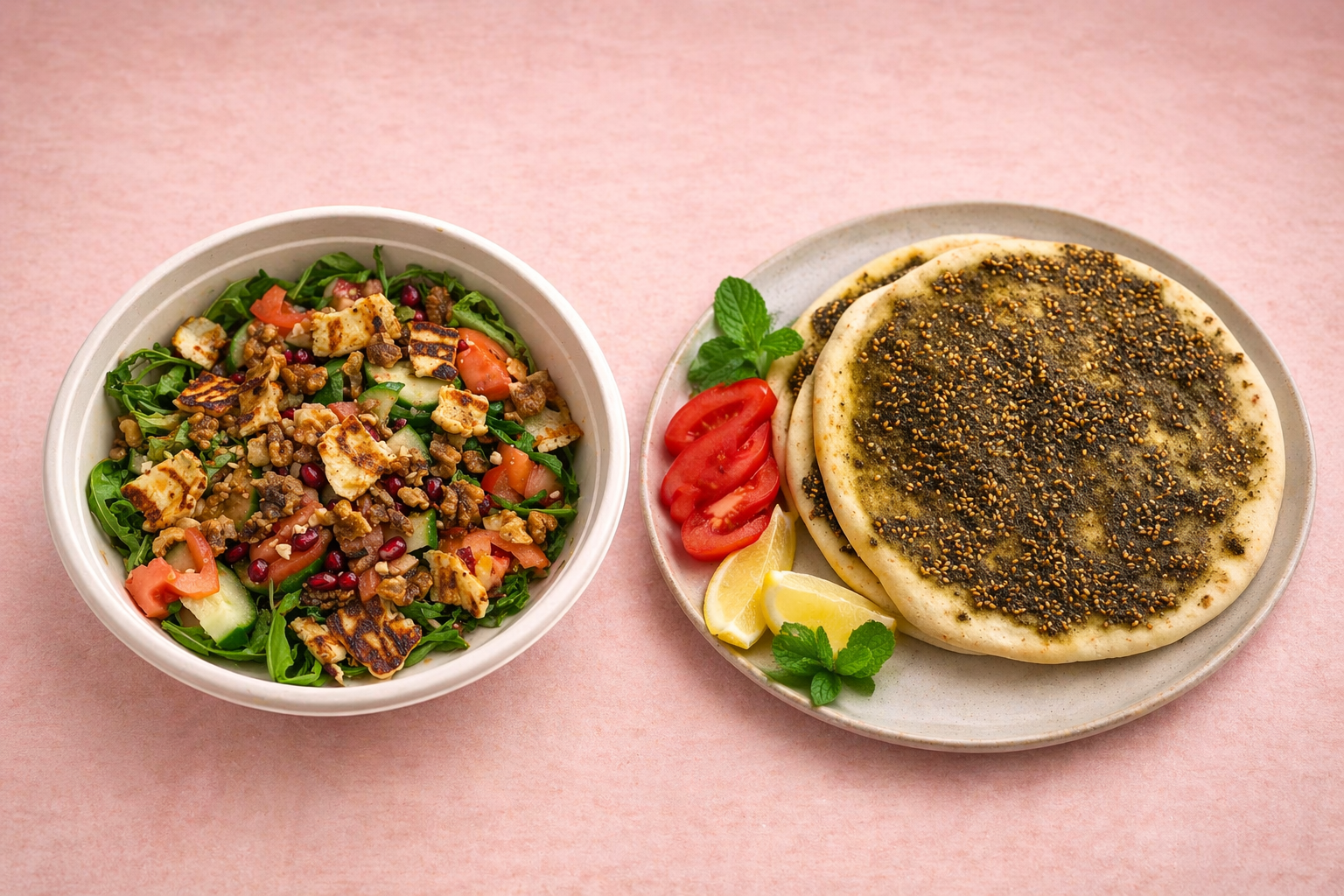 A bowl of salad with greens, cherry tomatoes, cucumbers, pomegranate seeds, and grilled chicken, alongside a plate with two pieces of manaeesh topped with zaatar seeds, garnished with sliced tomatoes, lemon wedges, and mint leaves.