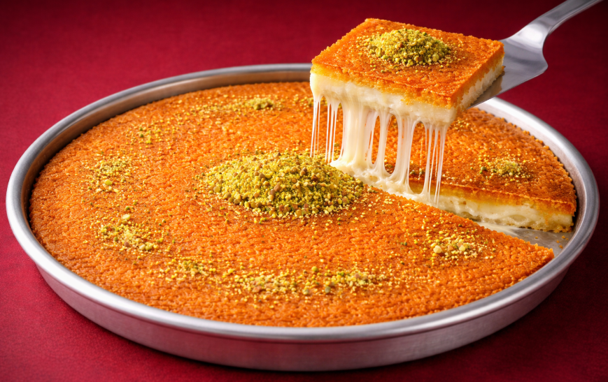 Traditional Palestinian dessert, kunafah, in a round metal pan with a slice being lifted, showing melted cheese inside and sprinkled with crushed pistachios on top.