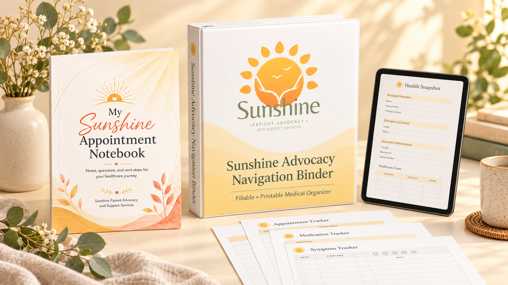 Sunshine Appointment Navigation Notebook and Sunshine Advocacy Navigation Binder with printable healthcare organization pages.