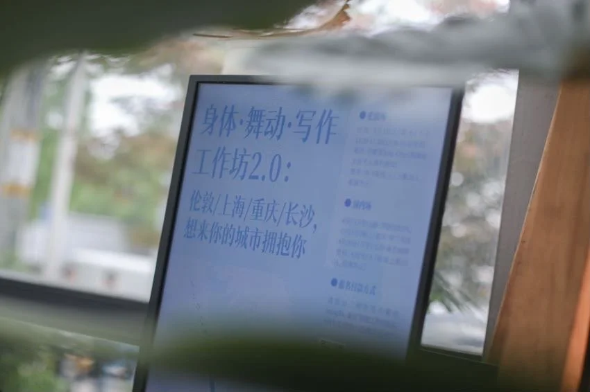 Close-up of a computer screen displaying Chinese text, partially obscured by blurred leaves in the foreground.
