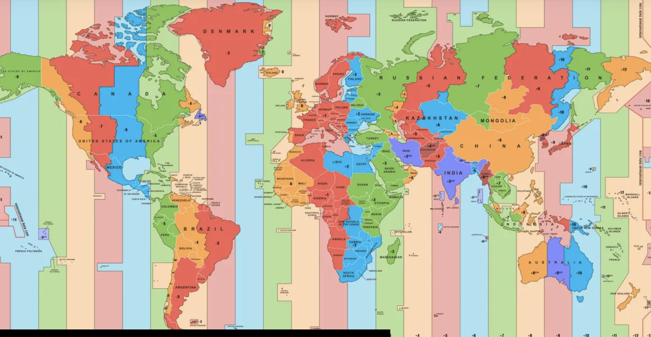 a world map divided by time zones and current nation/state border lines
