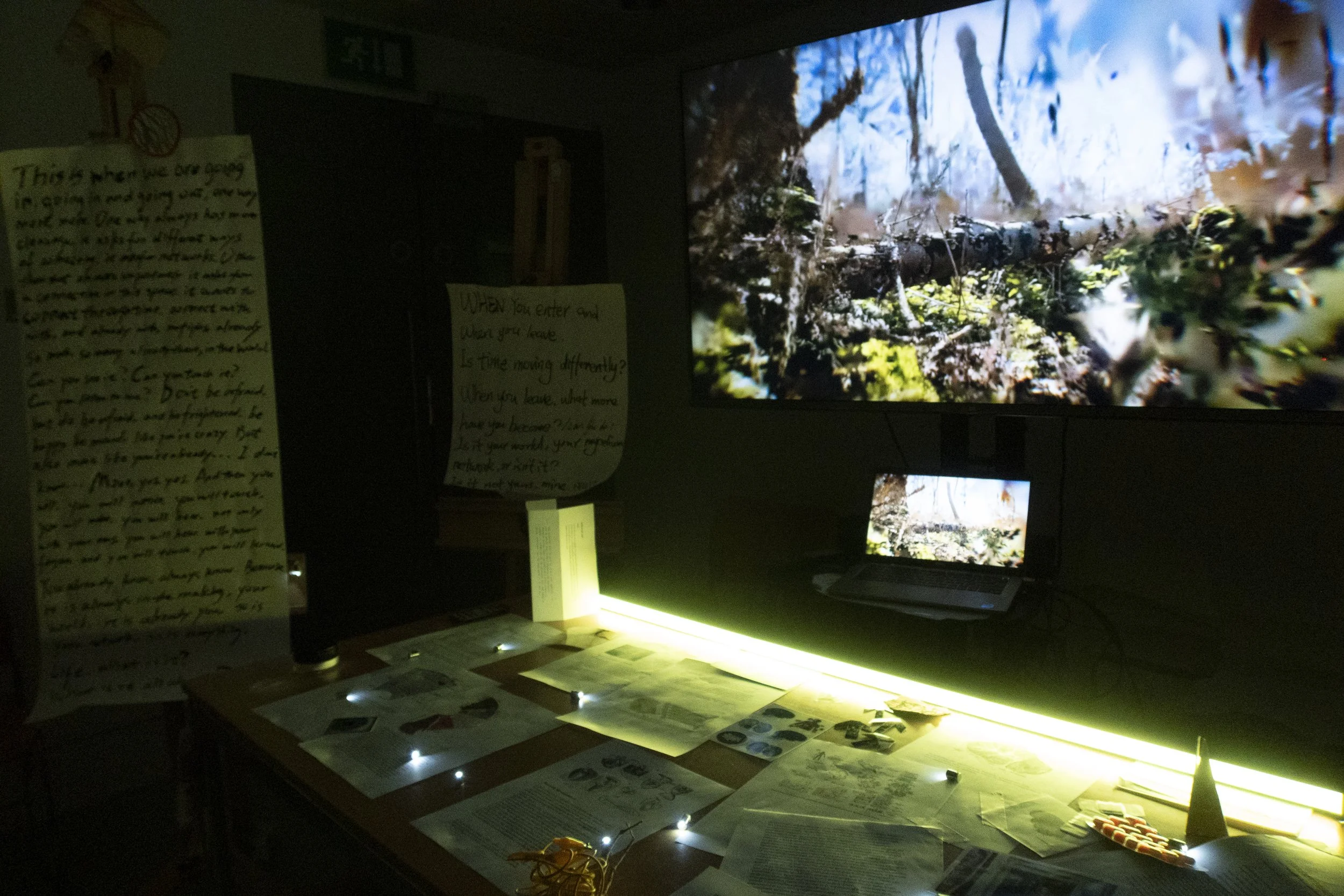 A dark room with a small desk illuminated by yellow lighting, holding papers and small objects. Two large screens display outdoor nature images, one on the wall and one on a laptop. Handwritten notes are on the wall and on paper, partial visibility.