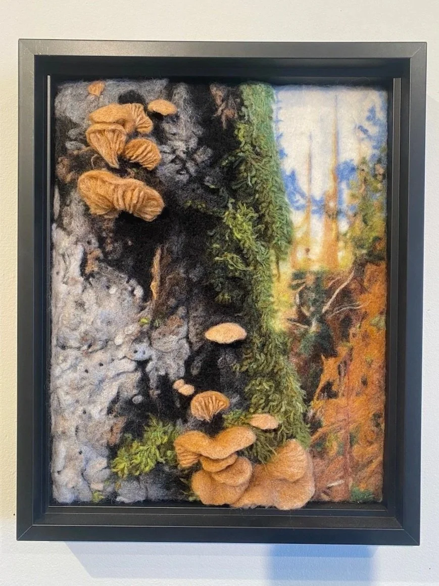 Mixed media artwork of a forest scene with needle-felled felted trees, moss, and mushrooms in a black frame.