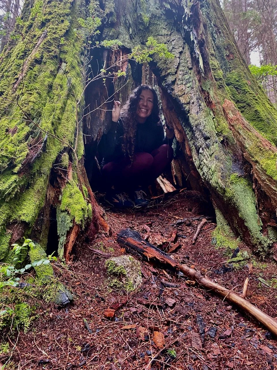 A woman with long curly hair smiling and sitting in the hollow of a large moss-covered tree in a forest.