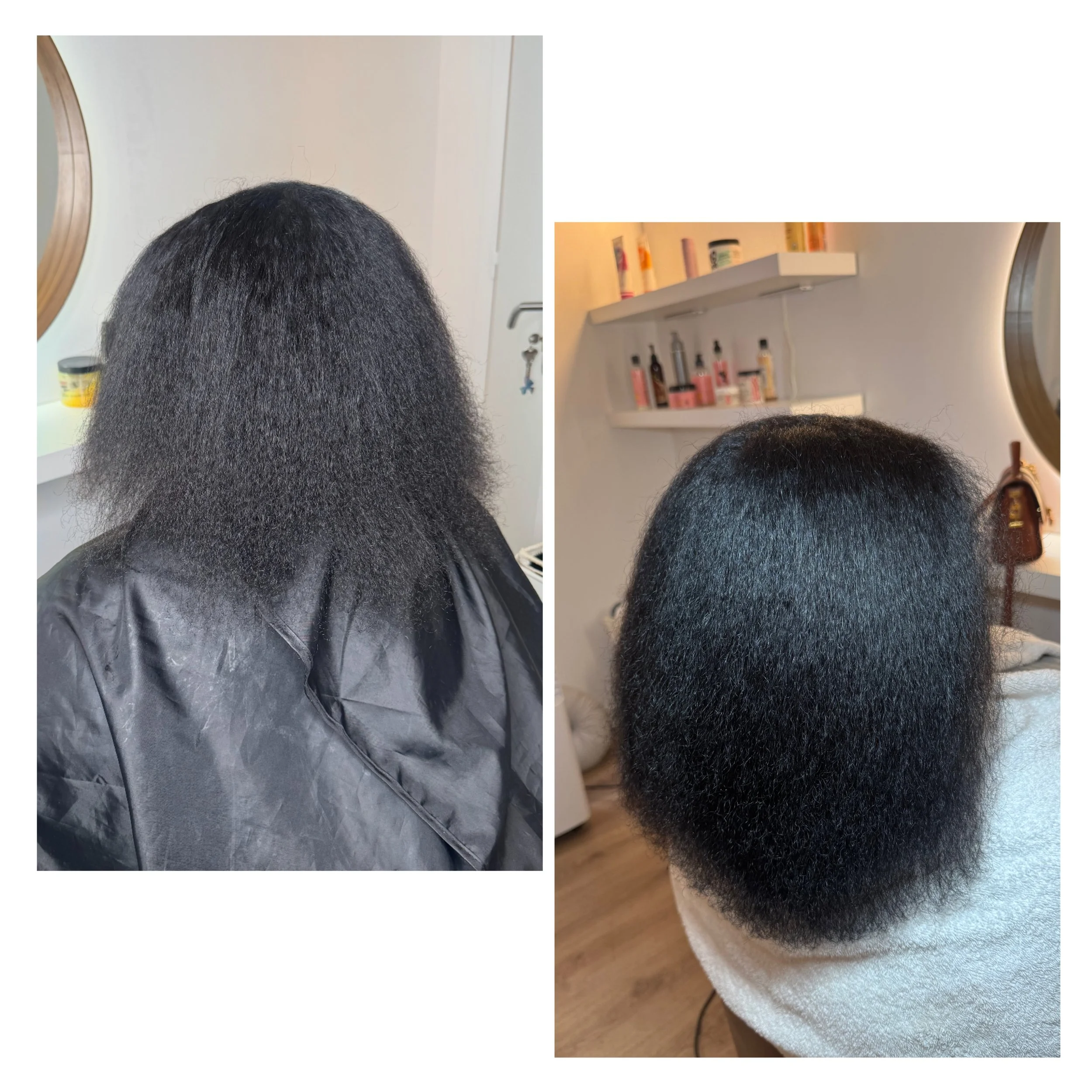 Avant et après une coupe de cheveux d'une femme avec cheveux naturels épais et frisés.