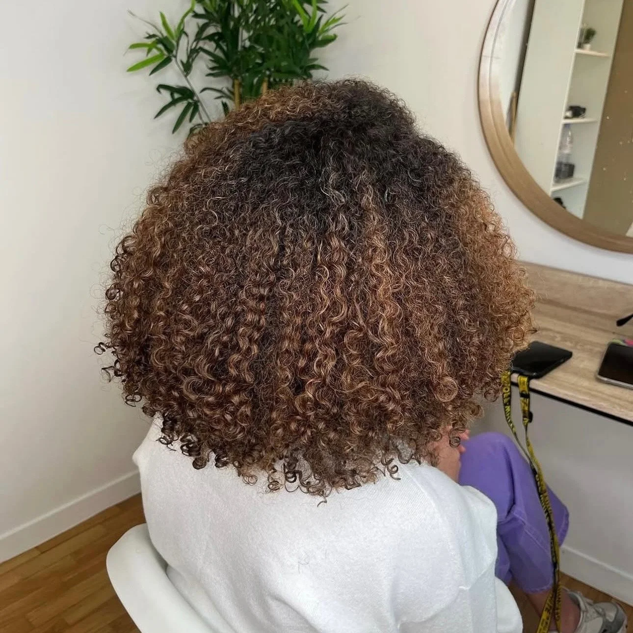 Cheveux bouclés bruns avec des reflets roux, vus de dos
