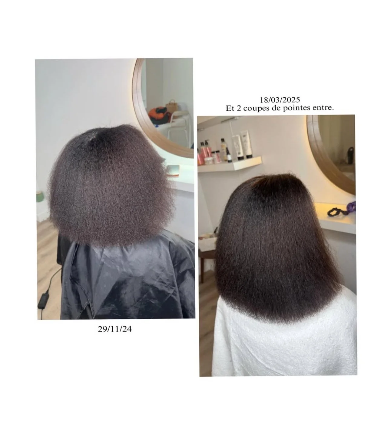 Comparaison de deux photos de coiffure montrant une transformation capillaire. avant après pousse de cheveux, résultat de l'abonnement Renaissance capillaire Tracy Bosc