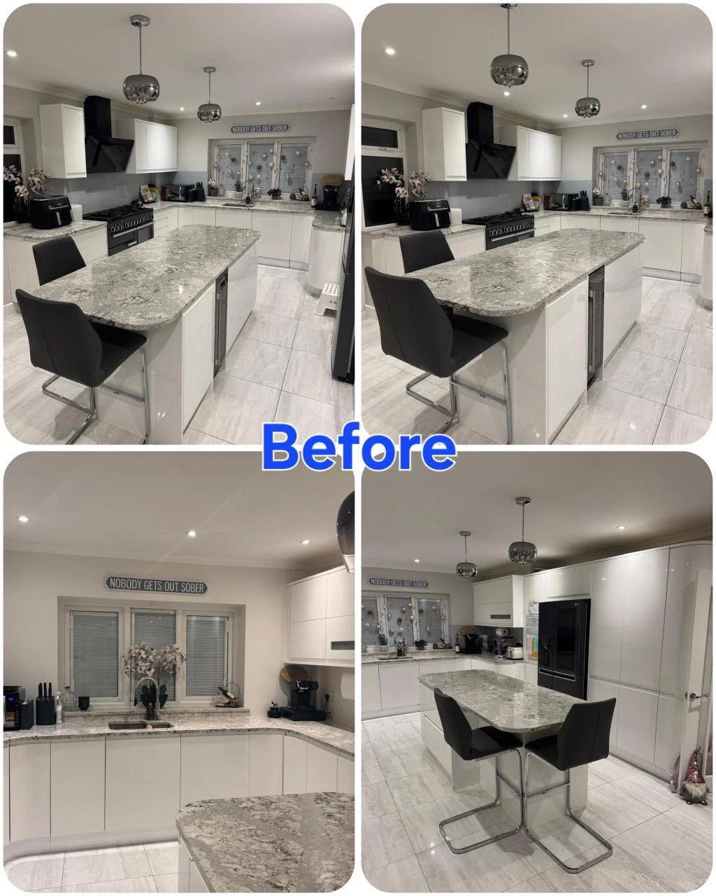 Kitchen before renovation featuring white cabinets, marble countertops, black appliances, two black chairs at a kitchen island, and a window with decorative paper. Also includes a sign that says 'Nobody gets out sober'.