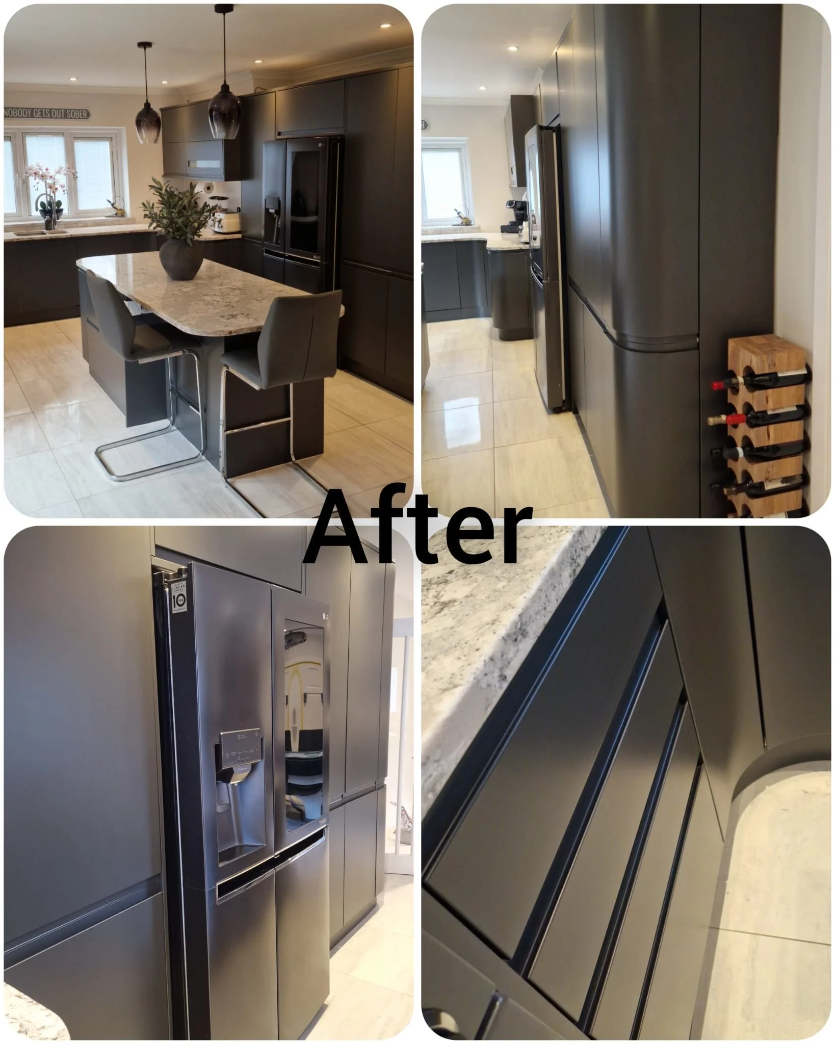 Modern kitchen with black cabinetry, granite countertops, and stainless steel appliances, featuring a kitchen island with two chairs, a built-in refrigerator, and a wine rack, with the word 'After' overlaid.