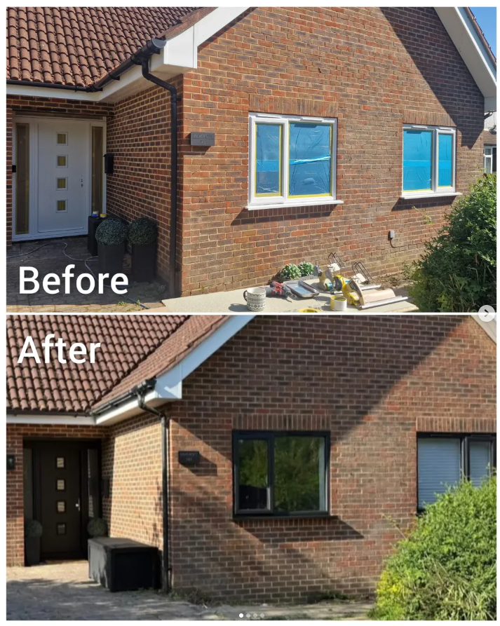 Comparison of the exterior of a brick house before and after renovation, showing changes in window trim, door color, and overall appearance.