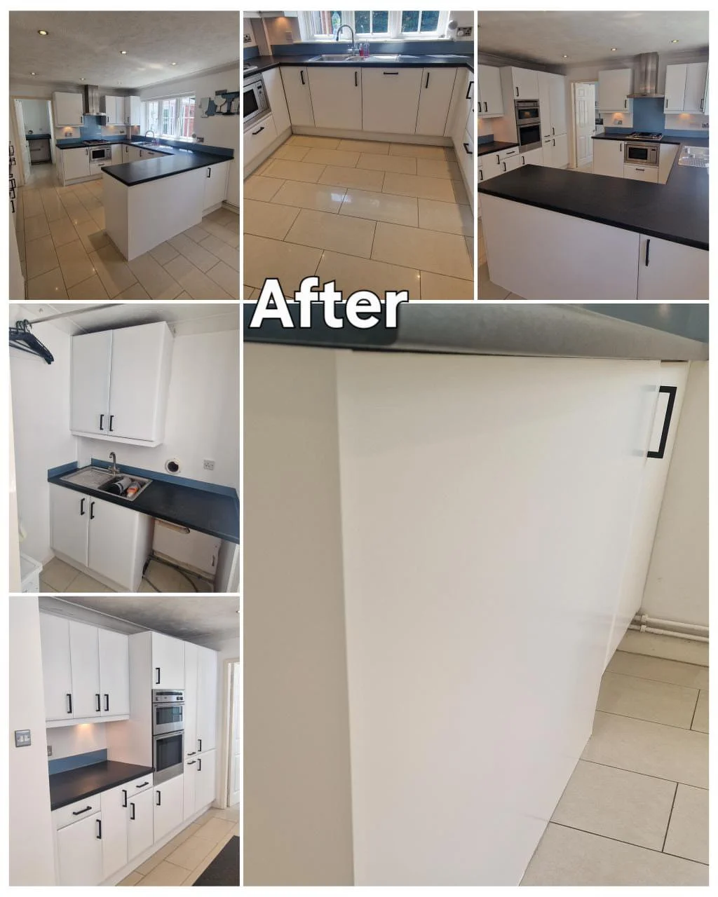 A collage showing a kitchen renovation after the update, with white cabinets, black countertops, beige tiled floors, and modern appliances. The photos highlight the clean, minimalist design and new kitchen features.