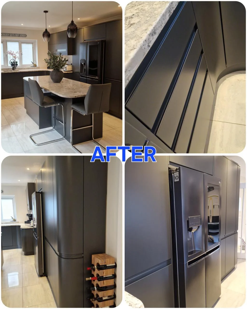 Updated modern black kitchen with marble countertops, black cabinets, and stainless steel appliances, including a side view of the refrigerator and a wine rack.