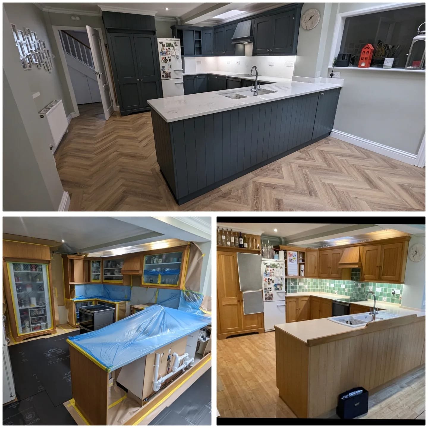 Collage of three kitchen photos: top shows a modern kitchen with dark cabinetry, white countertops, and wood flooring. Bottom left depicts a kitchen under renovation with taped-off cabinets and island. Bottom right features a kitchen with wooden cabinets, green tile backsplash, and wood flooring.