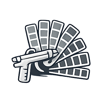 A graphic of a paint roller, a palm tree, and a rainbow, all depicted in a stylized, cartoon-like manner.