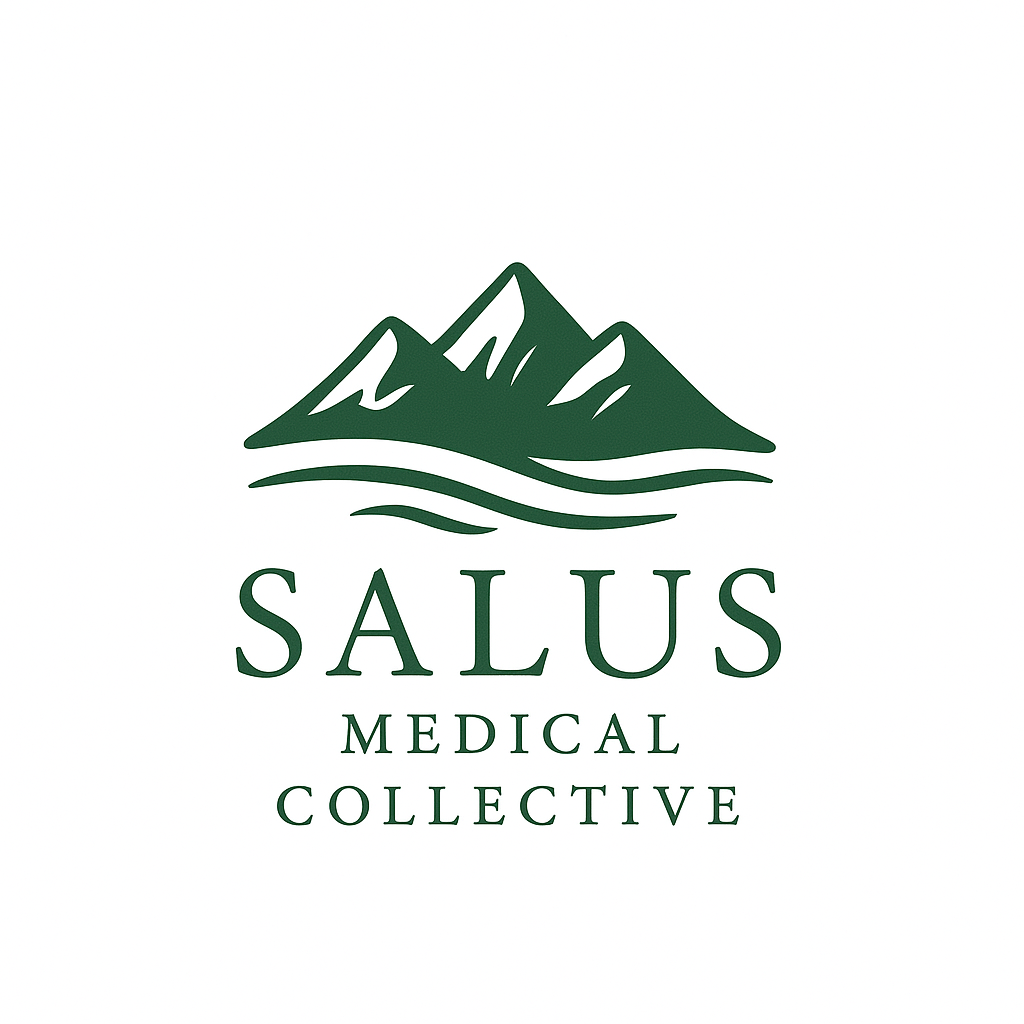 Logo for Salus Medical Collective featuring green mountain illustration with wavy lines below and text.