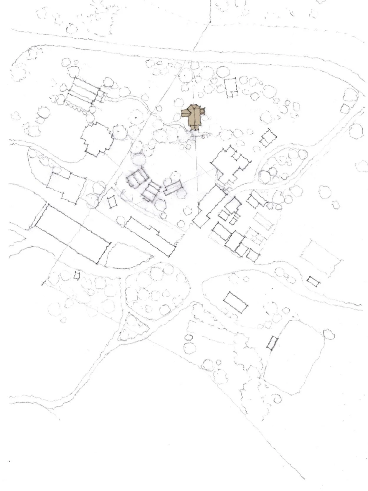 A detailed landscape plan or map showing various buildings, pathways, and trees in an outdoor area.