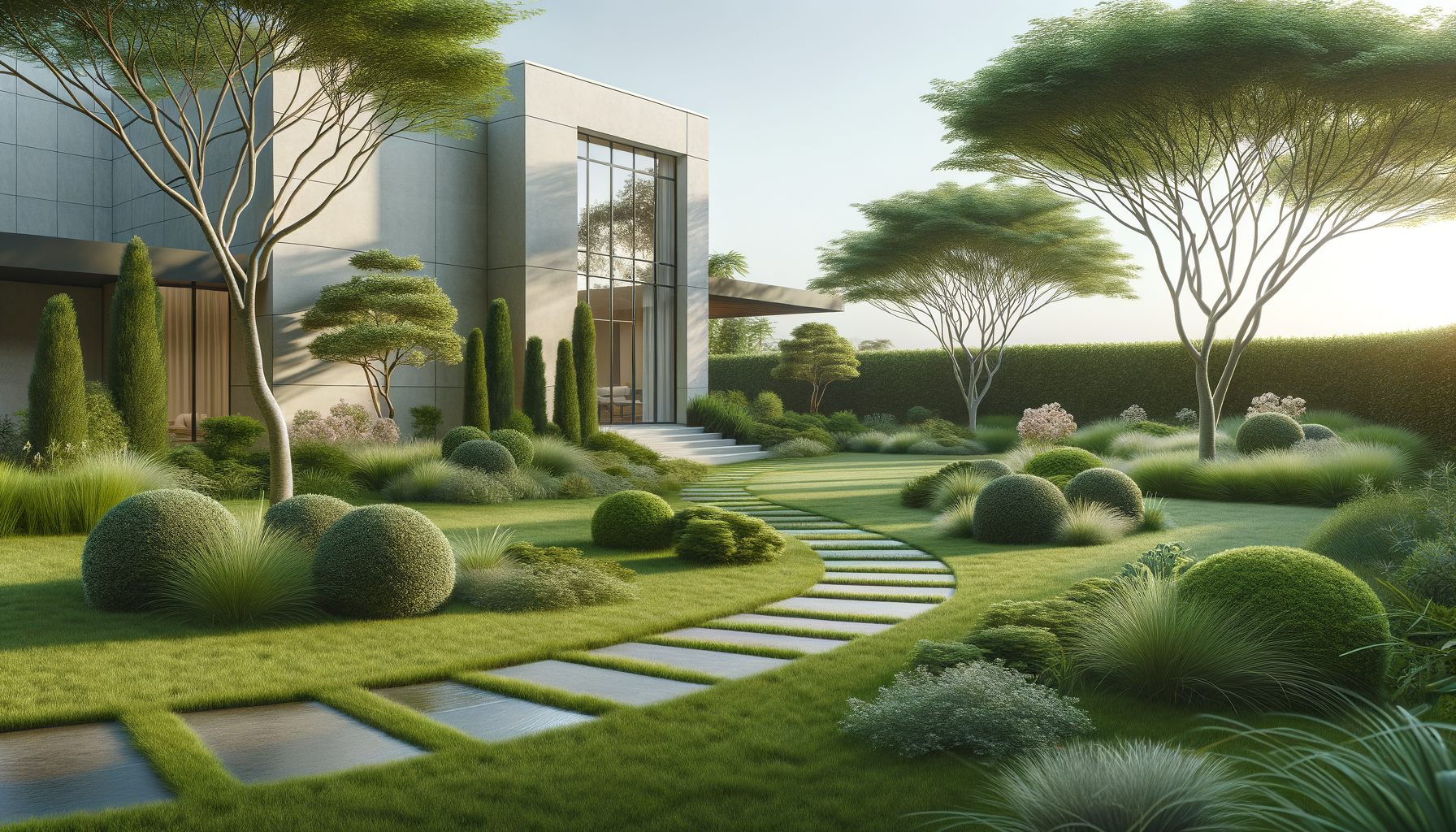 Modern house with large glass windows surrounded by a landscaped garden with various trees, bushes, and grass, sunlit during late afternoon or early evening.