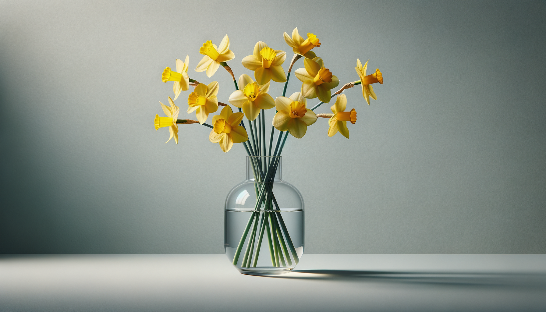 A glass vase filled with water holds a bouquet of yellow daffodils with a plain, muted background.