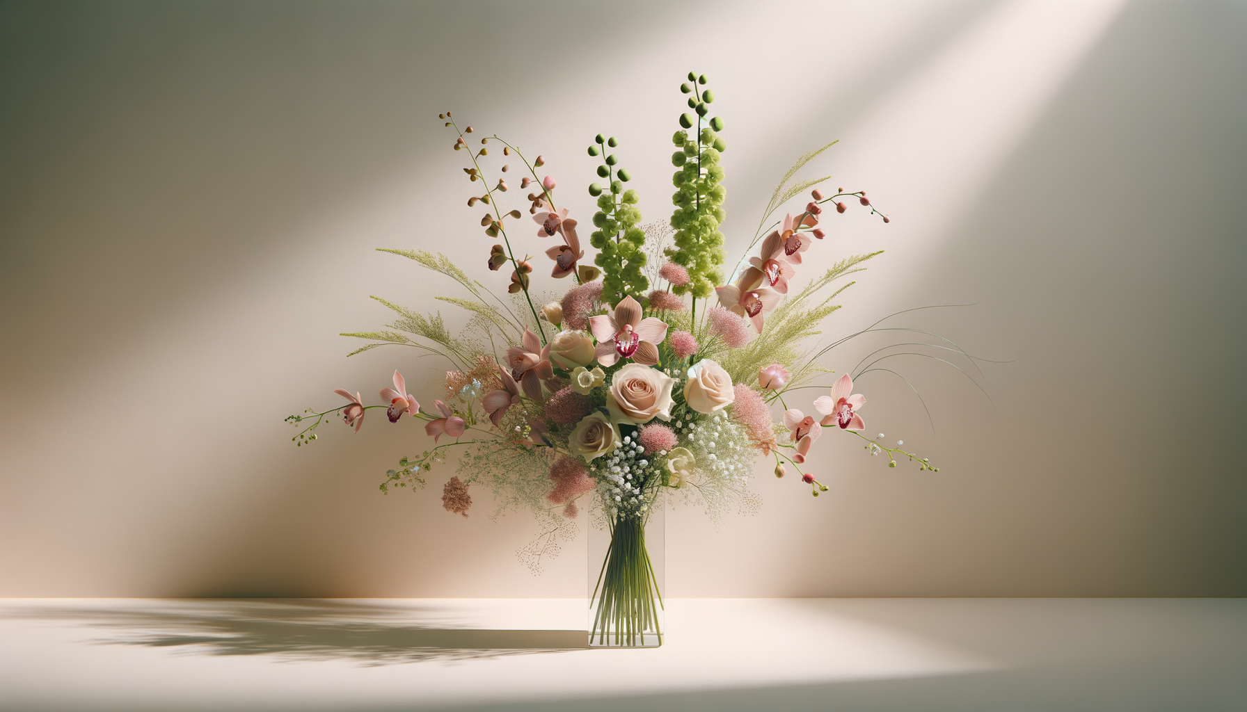 Elegant bouquet of pink and white roses, orchids, and greenery in a clear glass vase on a white surface with soft lighting.