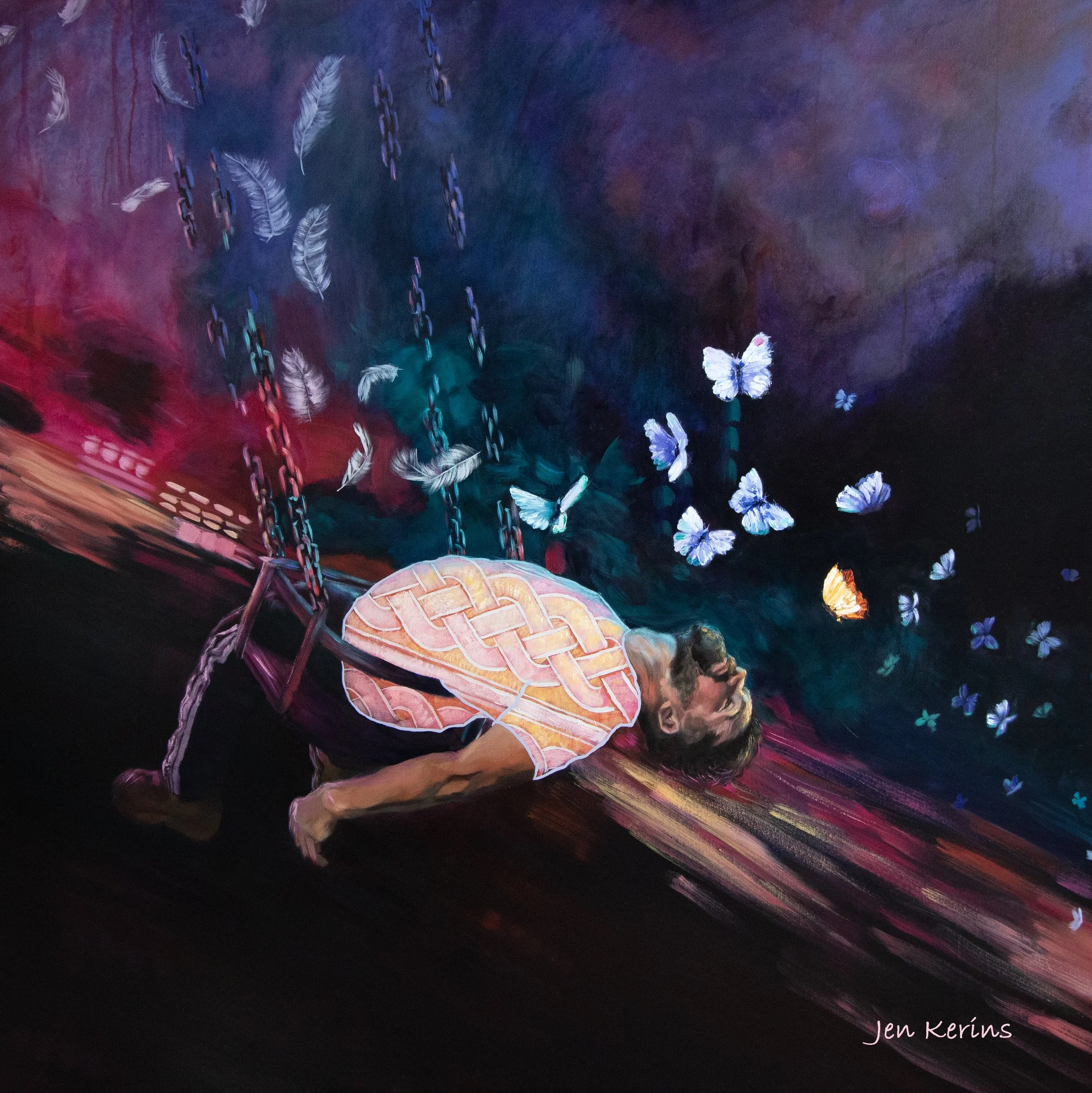 A surreal painting of a man on a swing with a celtic knotwork pattern on his t-shirt, lying horizontally with eyes half closed, surrounded by colourful butterflies and feathers in a dark, abstract background.