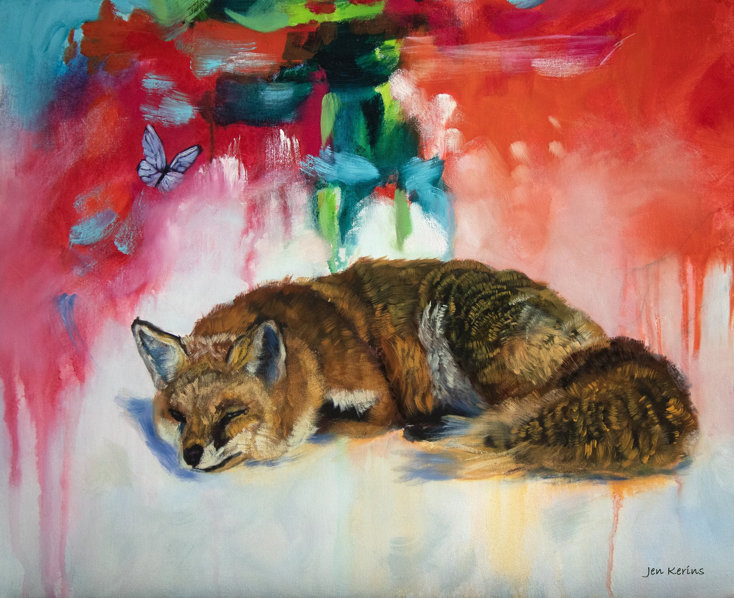 A colorful painting of a sleeping fox with a vibrant background of red, pink, and green, featuring two blue butterflies.