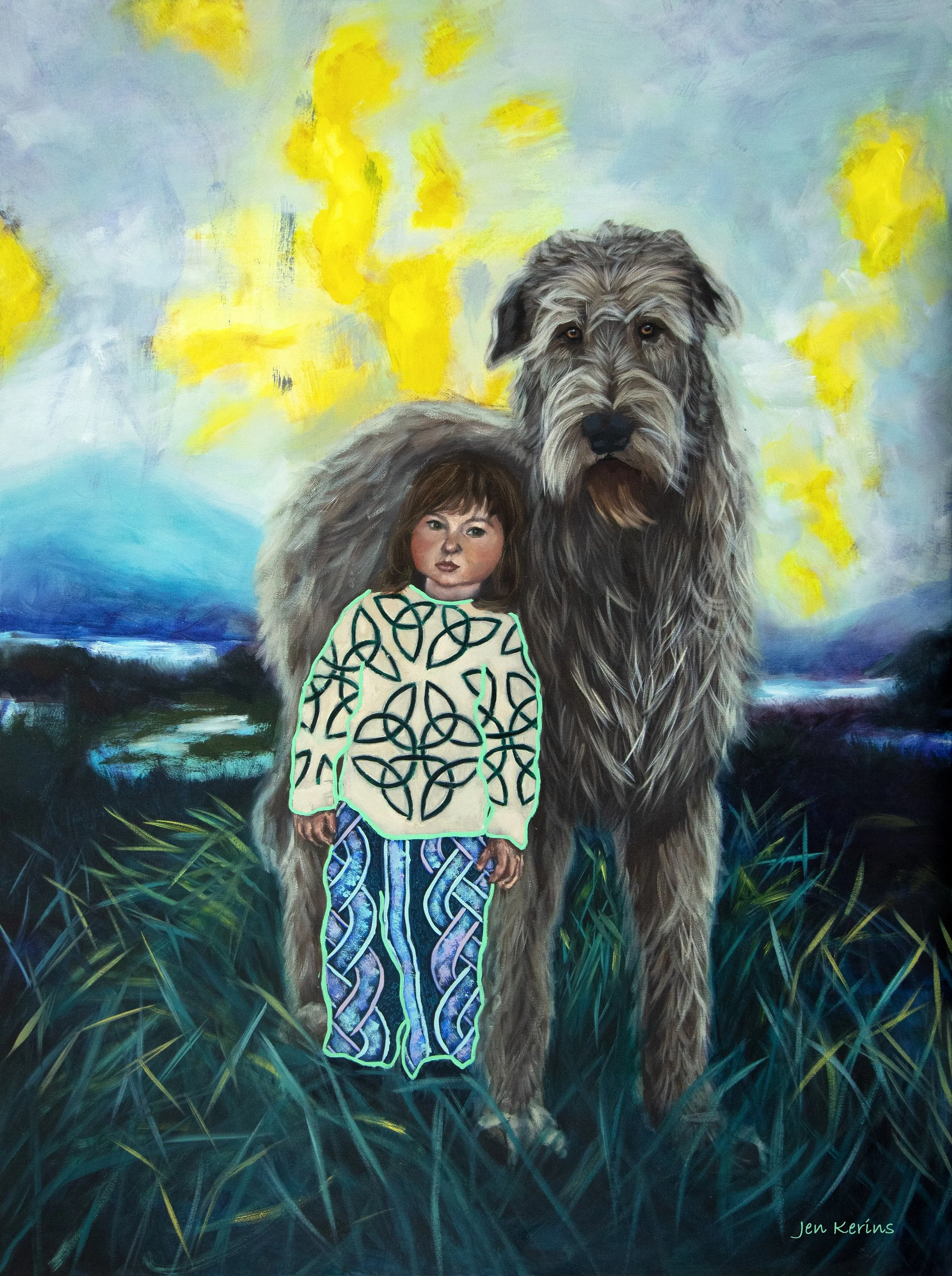 A painting of a young girl with brown hair standing in front of a large, shaggy Irish wolfhound dog with a mountainous landscape and yellow and blue sky in the background.
