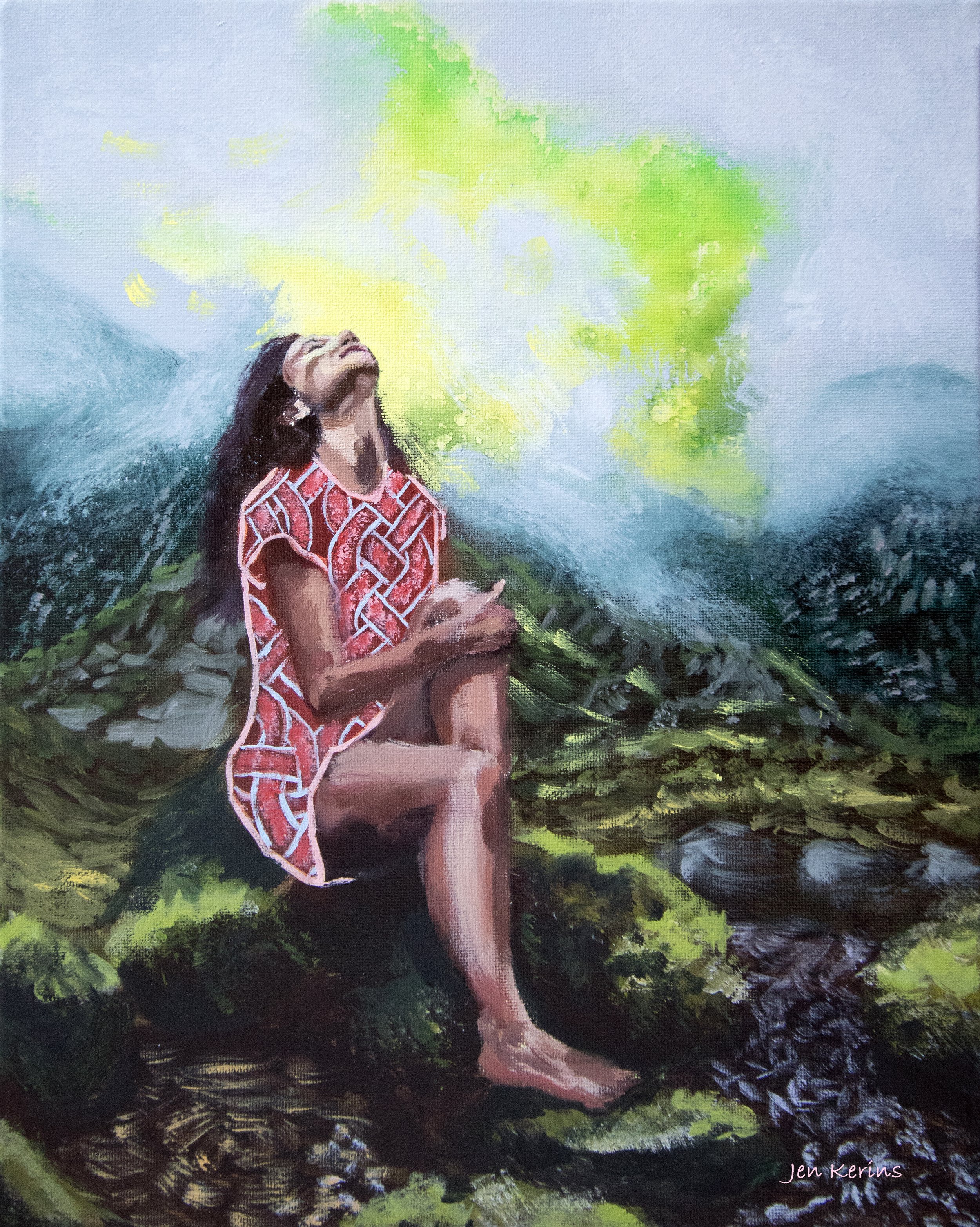 A woman with long dark hair sitting on rocks in a natural setting, with her head tilted back and eyes closed, wearing a red patterned dress, and surrounded by lush greenery with bright sunlight filtering through a foggy sky.