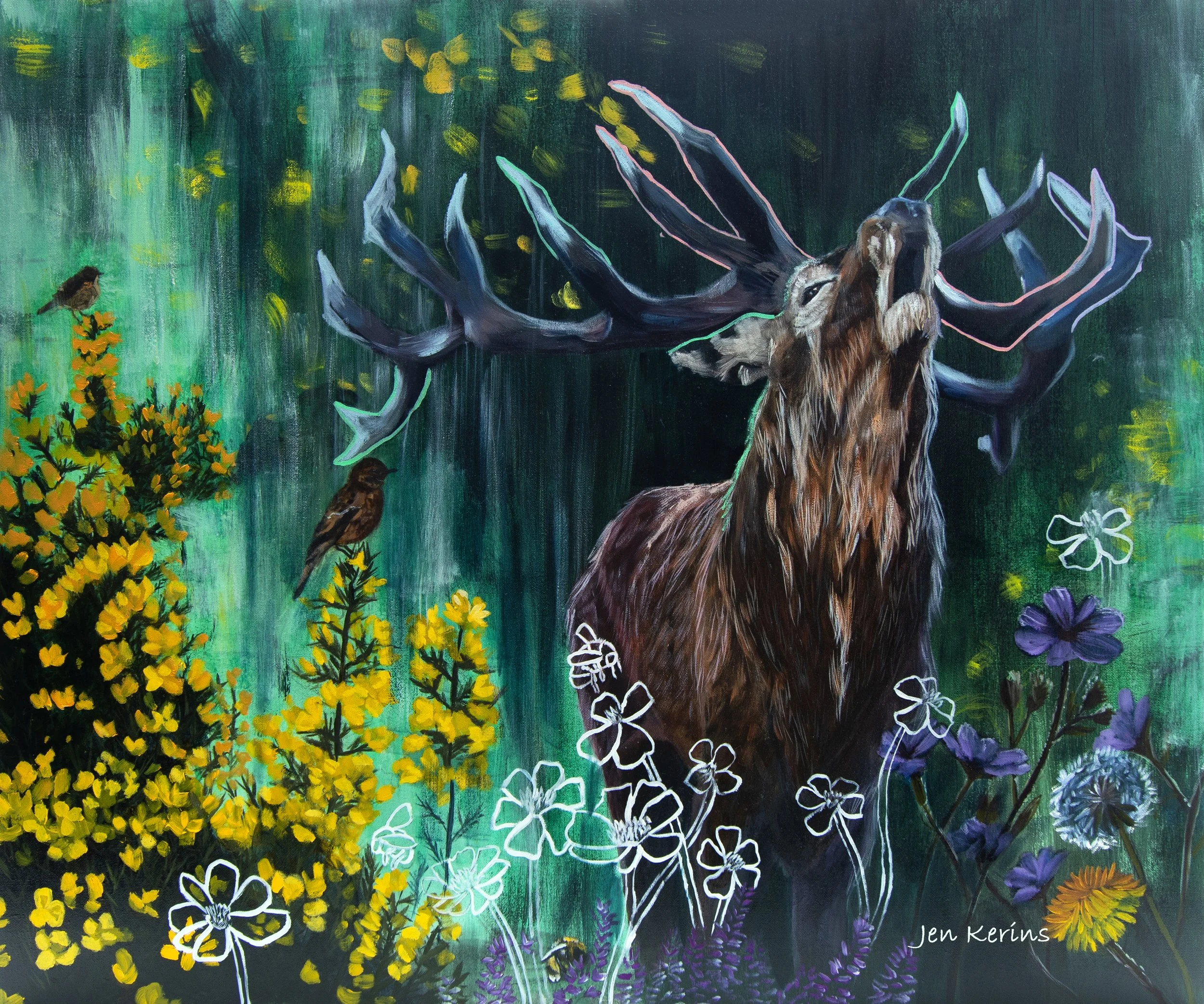 A painting of a majestic stag with large antlers amid lush green foliage and colourful wildflowers, with two small birds perched on yellow blossoms.