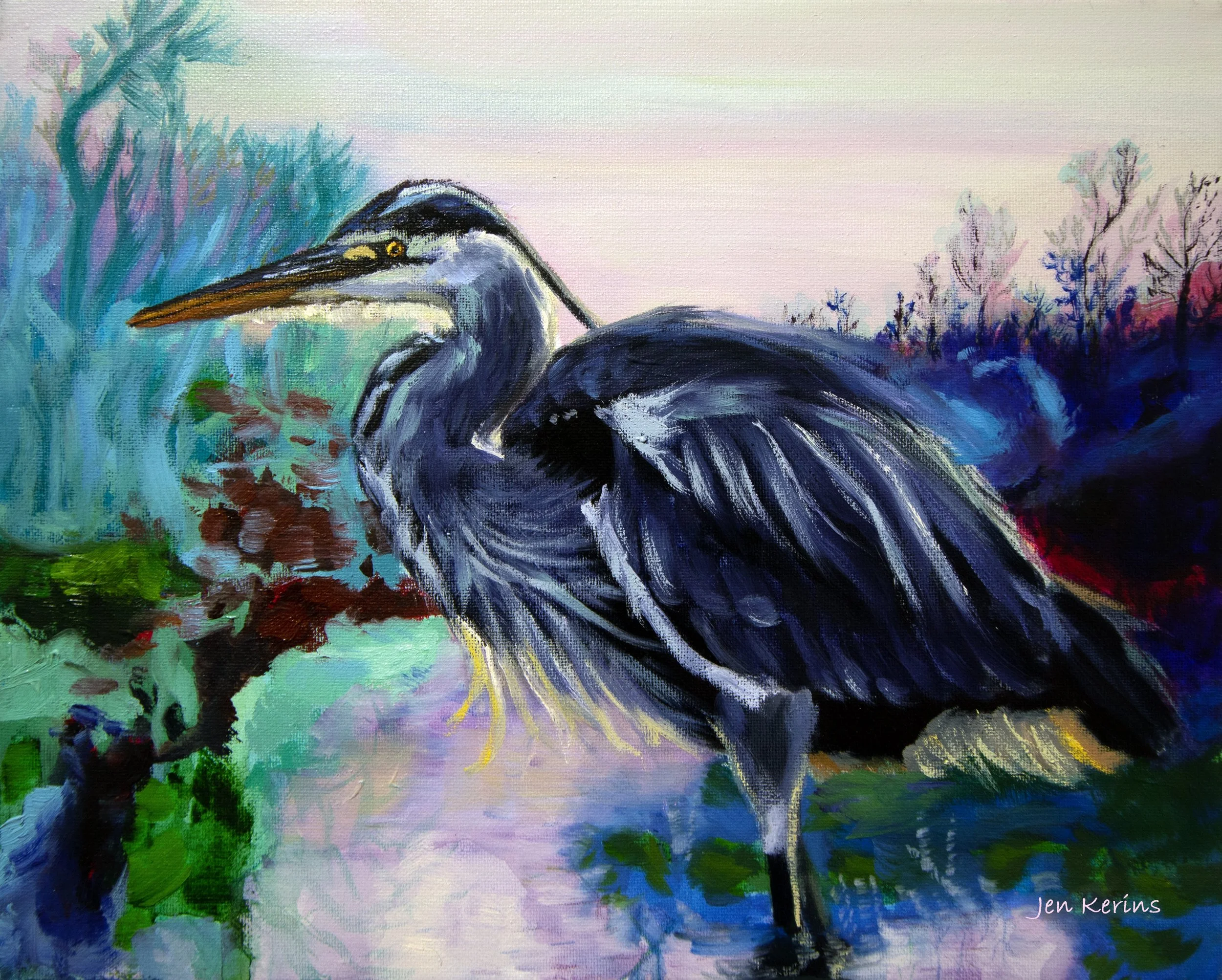 Painting of a heron near a pond with trees in the background, in shades of blue, purple, and pink.