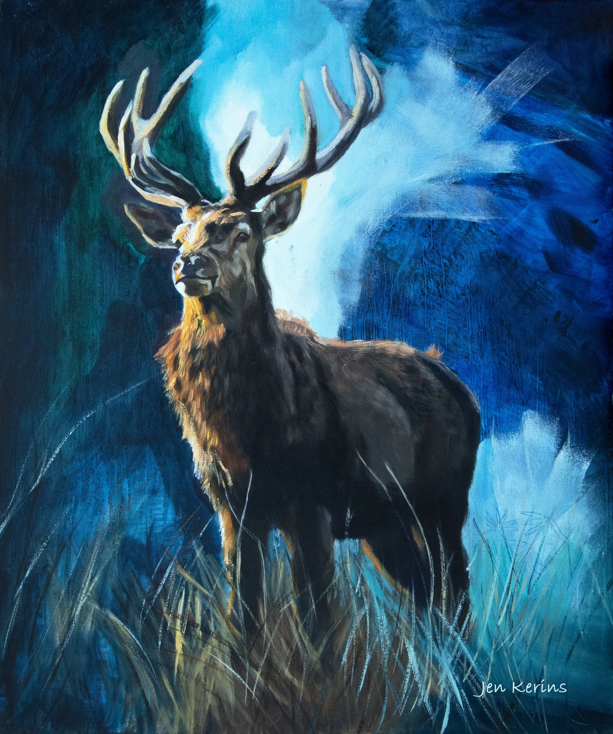 A painting of a majestic stag with large antlers, standing in tall grass against a vibrant blue and teal background with a bright light source behind its head.