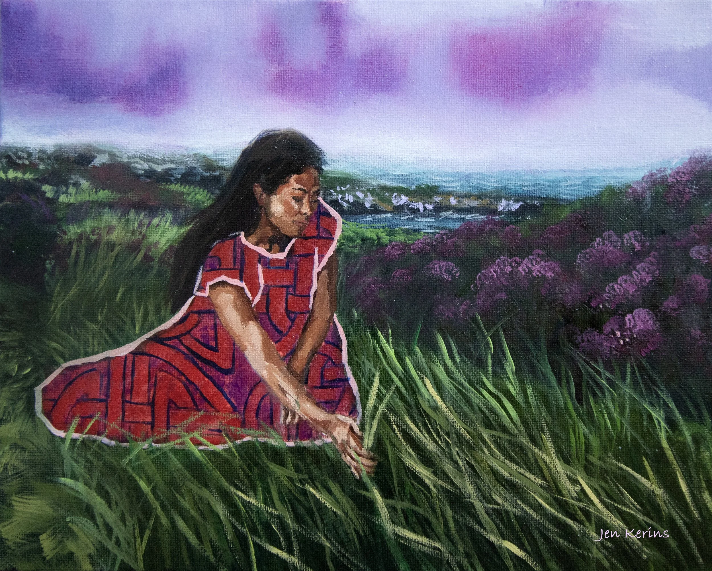 woman in a red dress with celtic patterns, sitting in a field with purple flowers, looking down and reaching out toward the grass. The background shows a landscape with hills, purple shrubbery, and a colourful sky with pink, purple, and blue hues.